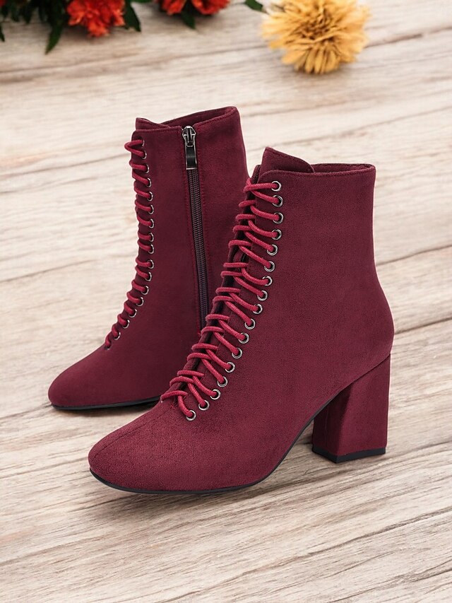 Women's Burgundy Lace-Up Ankle Boots with Block Heels – Chic and Versatile Footwear for Fall Outfits and Casual Wear 22