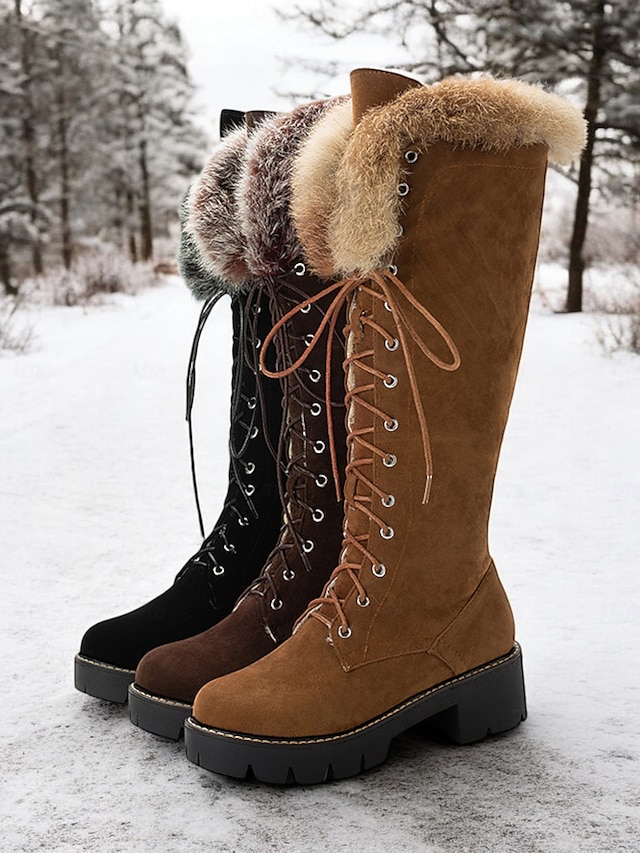  botas femininas de camurça sintética com cadarço até o joelho e punhos de pele sintética – calçados de inverno estilosos com sola grossa