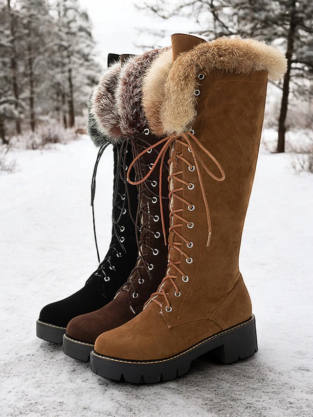 Women's Faux Suede Knee-High Lace-Up Boots with Faux Fur Cuffs – Stylish Winter Footwear with Chunky Sole 17