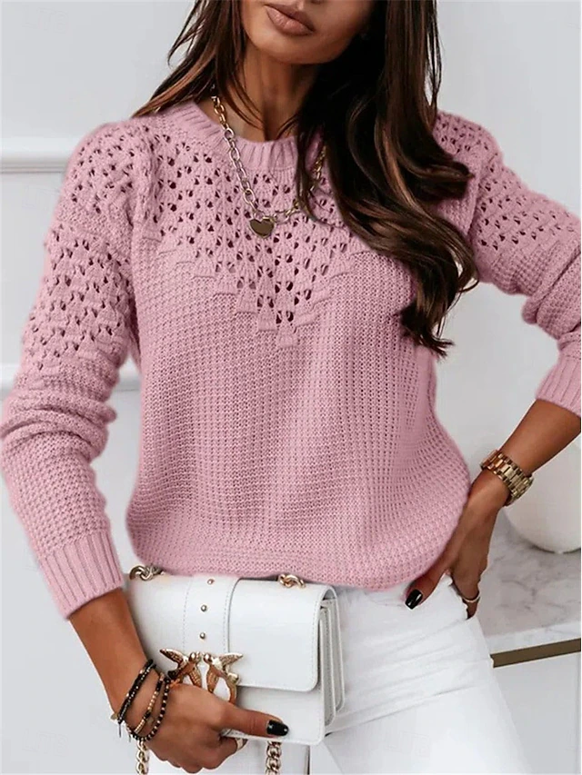 Women's Sweater Casual Soft Pure Color Ribbed Crew Neck Hollow Out Knitted Long Sleeve Regular Tops Knit Outdoor Daily Weekend Pink Blue Fall Winter 5