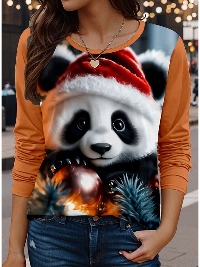  Women's T Shirt Animal Casual Long Sleeve Crew Neck Regular Tops Daily Print Orange Spring Fall