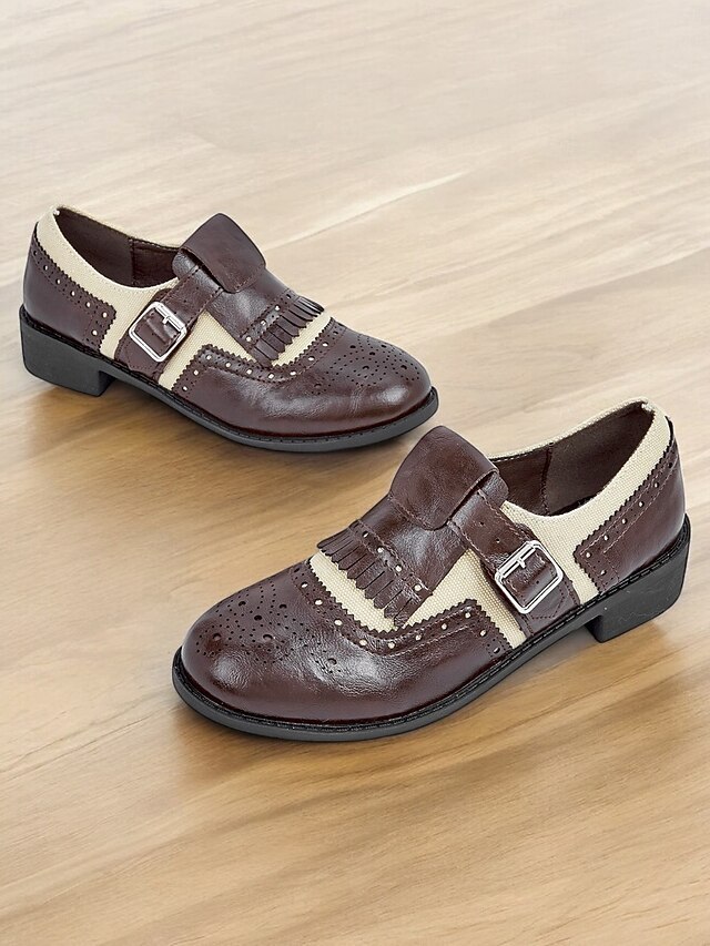 Women's Brown Brogue Oxford Shoes with Fringe, Buckle Strap, and Canvas Accents - Vintage-Style Footwear for Casual and Formal Occasions 13