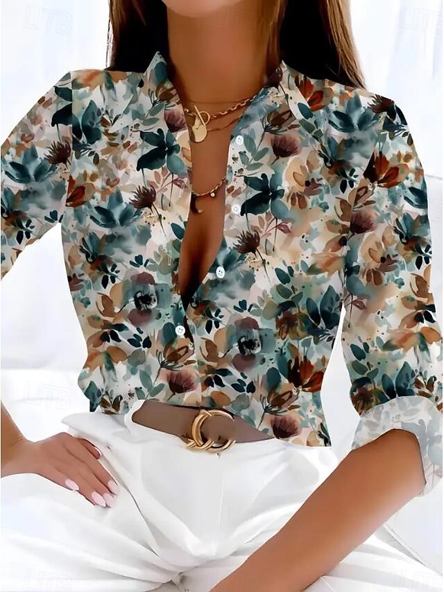 Women's Shirt Button Down Tunic Shirt Collar Long Sleeve Casual s Print Regular Tops Work Daily Green Spring Fall Winter4