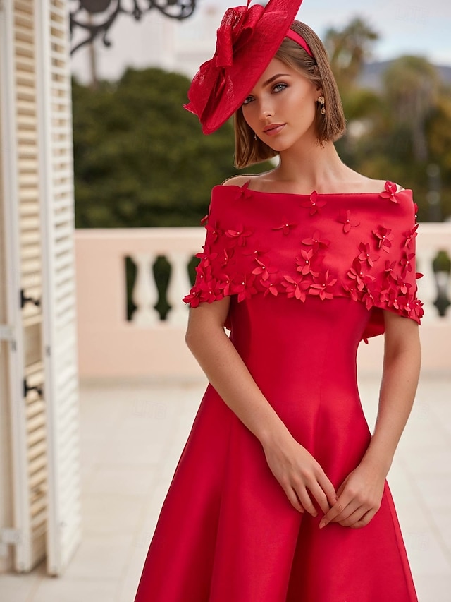  A-Line Cocktail Dresses Elegant Dress Formal Ankle Length Short Sleeve Off Shoulder Pocket Satin with Appliques Dresses