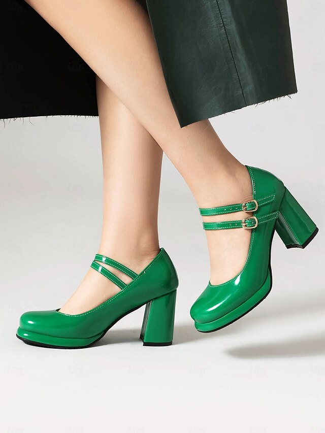 Women's Retro Double-Strap Mary Jane Heels - Patent Leather Block Heel Shoes for Vintage-Inspired Outfits 30