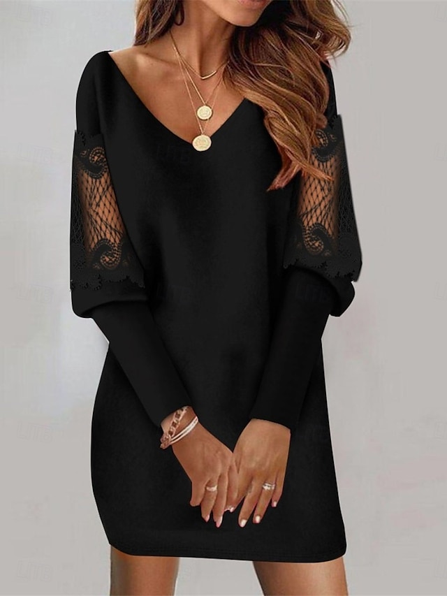  Damen schwarzes kleid Minikleid Spitze Patchwork Brautkleider schlicht V Ausschnitt Langarm Schwarz Weiß Farbe