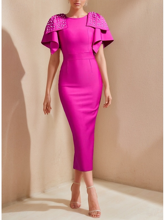  Robe Cocktail Fourreau Élégante Robe Formelle Mi-Longue Manches Courtes Col Bijou Écourtée en Crepe avec Perles Robes