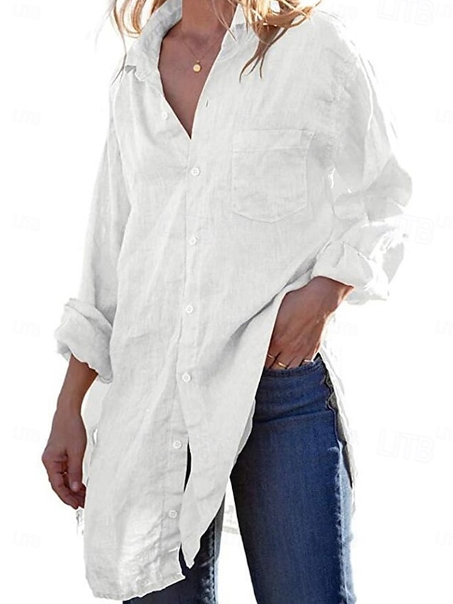  Women's Shirt Linen-Inspired Shirts Button Up Casual Long Sleeve Shirt Collar White Spring &  Fall
