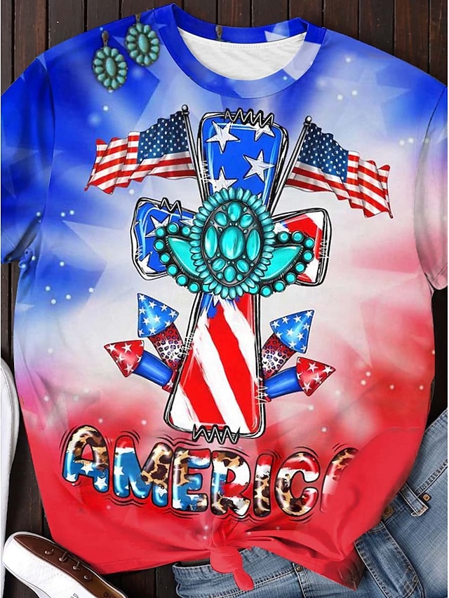  Unabhängigkeitstag Damen Patriotic Fourth of July T-Shirt Täglich Lässig Kurzarm Blau Sommer Frühling