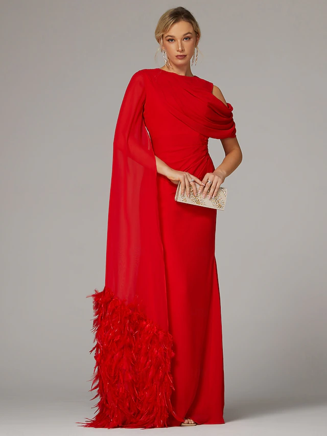 Sheath Evening Gown Elegant Dress Formal Fall Sweep / Brush Train Sleeveless Floor Length Cowl Neck Chiffon with Feather Ruched Slit 13