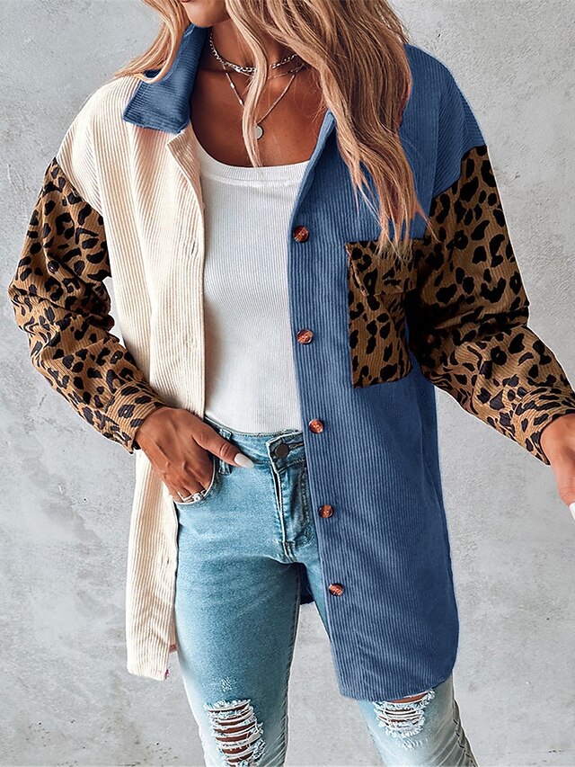 Women's Casual Jacket Outdoor Buttons Leopard Windproof Fashion Regular Fit Outerwear Long Sleeve Fall Blue S4