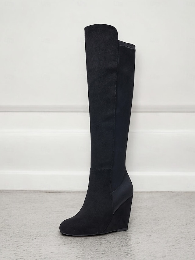  Women's Over-the-Knee Wedge Boots – Suede-Style Burgundy High Boots with Elegant Design, Perfect for Winter Outings and Casual Chic