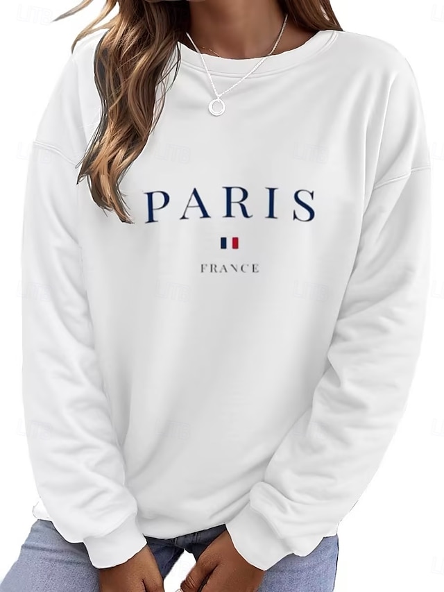  Women's85% CottonSweatshirt Cotton Blend Crew Paris Print Neck Long Sleeve Fall Winter Comfrt Breathable Soft Fabric