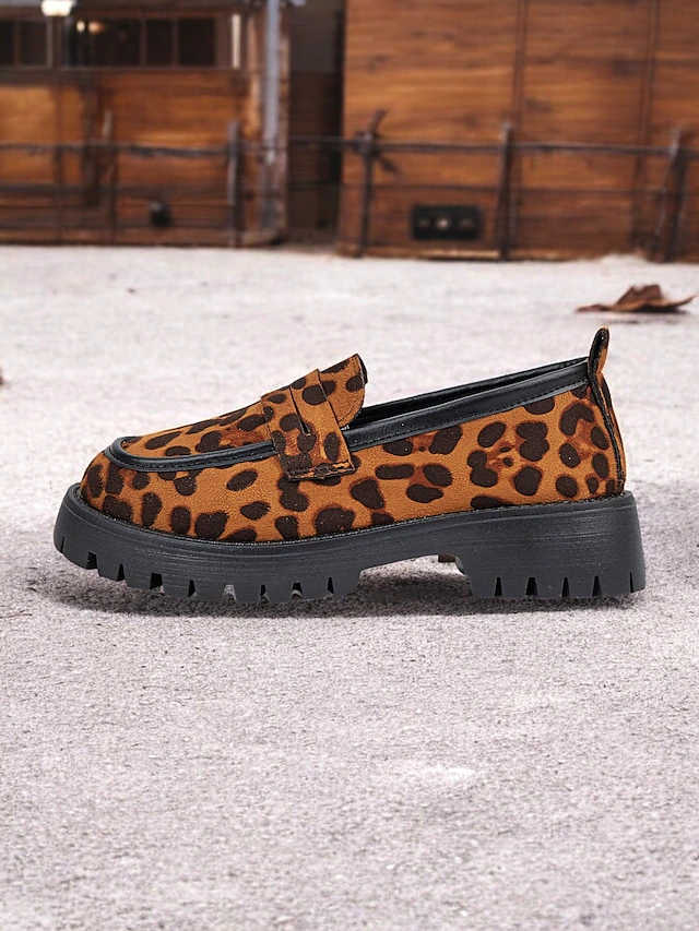 Women's Leopard Print Chunky Loafers - Suede Slip-On Shoes with Rugged Sole, Perfect for Casual and Streetwear Styles 12