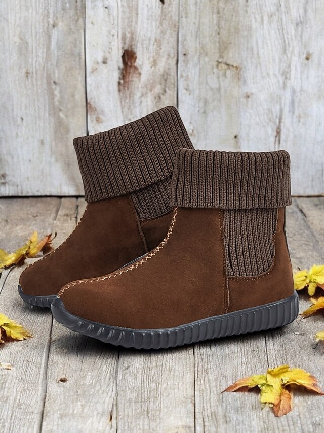 Women's Brown Faux Suede Ankle Boots with Ribbed Knit Cuffs – Warm, Slip-Resistant Casual Winter Shoes for Outdoor and Everyday Wear 13