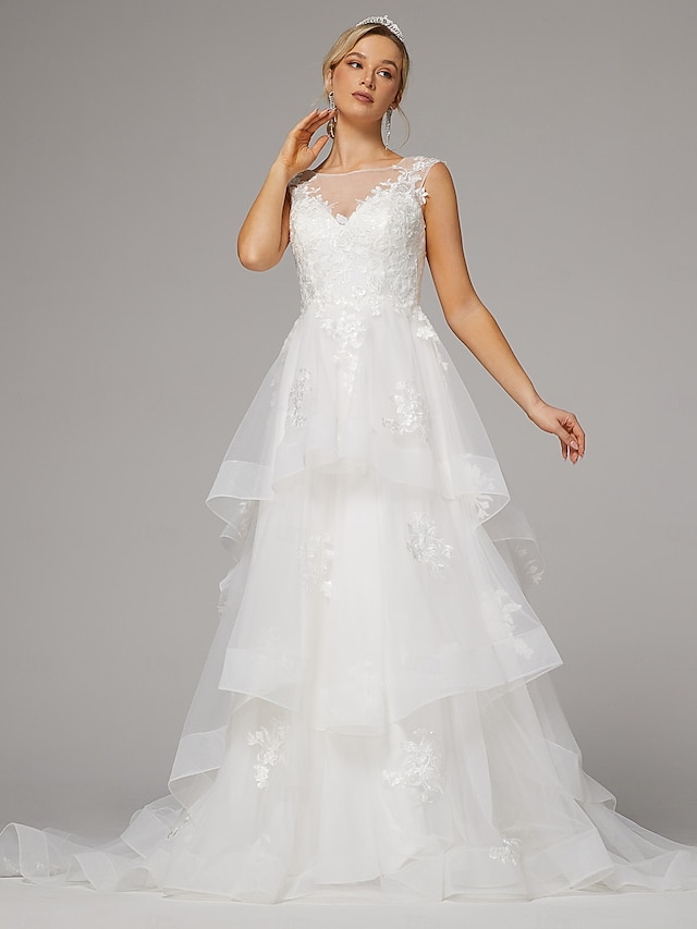  abiti da sposa matrimonio sulla spiaggia a-line illusion neck senza maniche lunghezza pavimento corte strascico pizzo abiti da sposa con applicazioni ricamate 2025