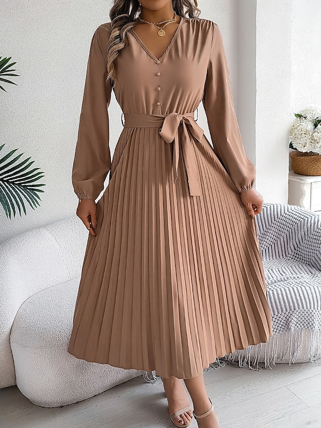  Women's Vintage Dress Mini Dress Pleated High Waist Elegant Formal V Neck Long Sleeve Blue Green Khaki Color