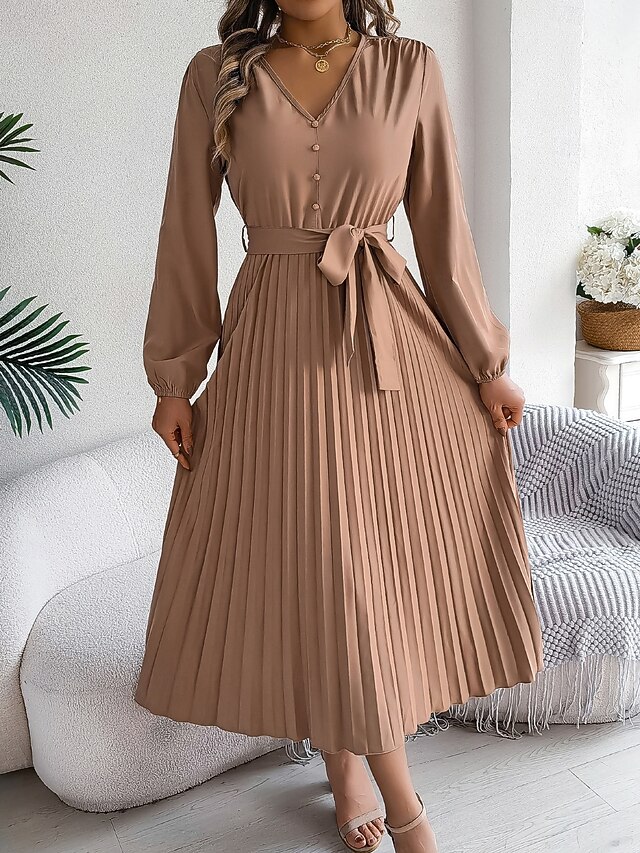 Women's Vintage Dress Mini Dress Pleated High Waist Elegant Formal V Neck Long Sleeve Blue Green Khaki Color 11