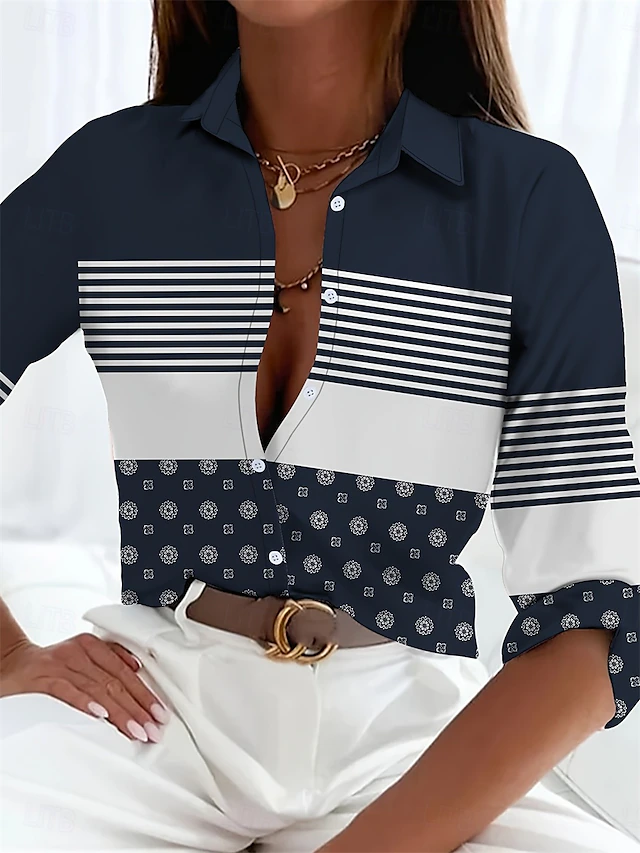 Women's Shirt Button Down Tunic Shirt Collar Long Sleeve Geometric Striped Casual Regular Tops Work Daily s Print Navy Blue Spring Fall Winter4