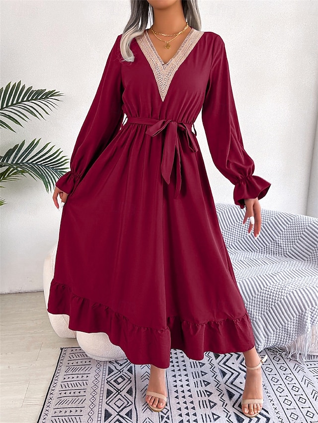  Robe casual Robe Évasée Robe Trapèze Femme Robe mi-longue Patchwork Avec ceinture Sport & Loisir Plein Air Décontractées Col V manche longue Standard Noir Vin Vert S M L XL