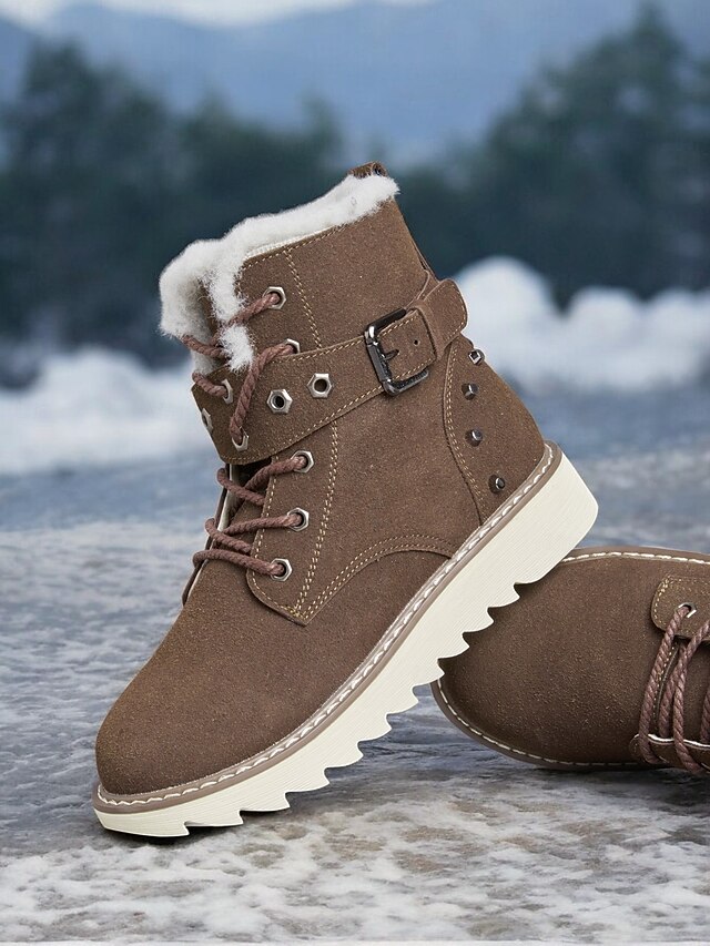  Botas de nieve de invierno para mujer de color marrón con forro de piel sintética: botas cálidas y aislantes para exteriores con detalle de hebilla y suela antideslizante para clima frío