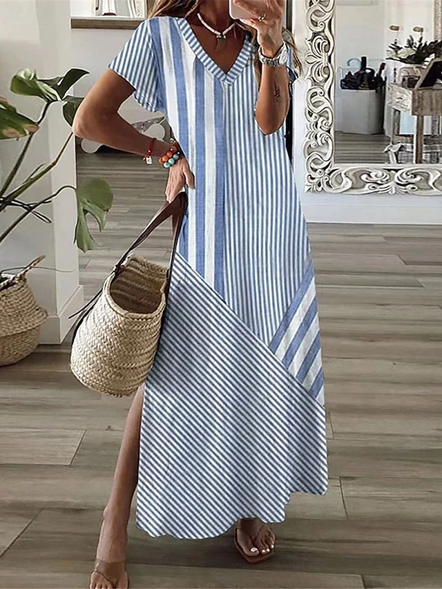 Women's Stripe V Neck Maxi Dress Short Sleeve Summer4