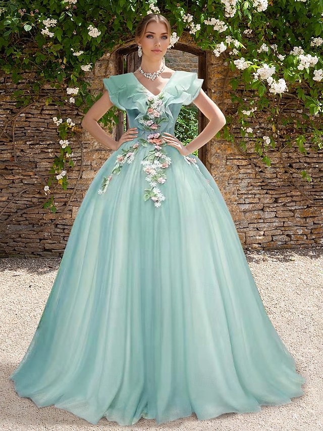  Ball Gown Prom Dresses Elegant Dress Wedding Guest Sweep / Brush Train Short Sleeve V Neck Organza with Appliques