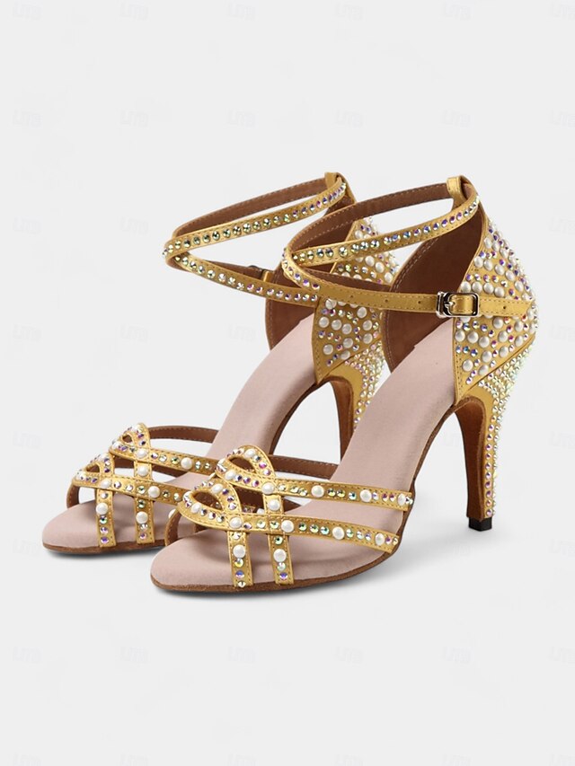  Women's Gold Rhinestone-Embellished Latin Dance Shoes - Open-Toe Heels with Strappy Design for Ballroom, Salsa, and Special Occasions