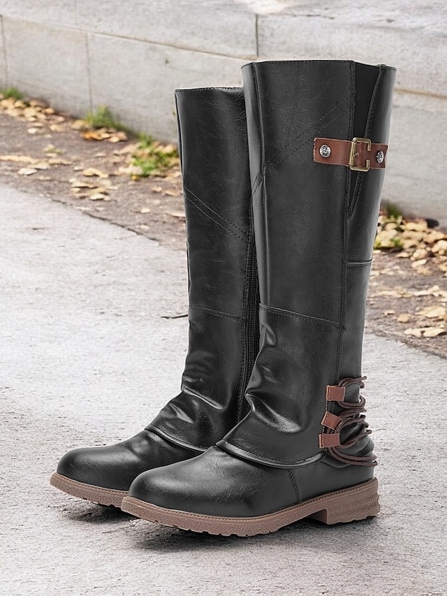 Women's Black Knee-High Riding Boots with Brown Buckle Accents – Stylish Casual Outdoor Boots, Comfortable Low Heel Design for Fall and Winter 21