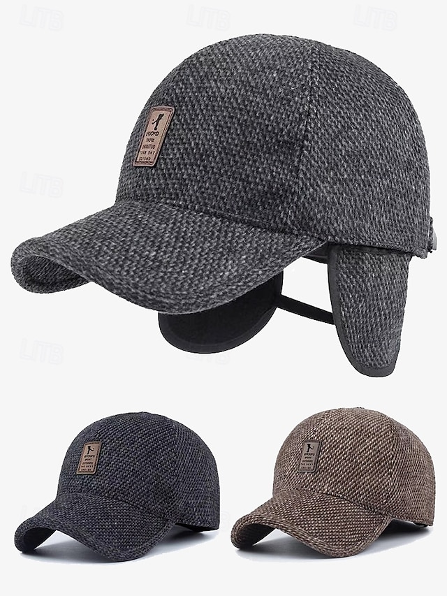  boné de beisebol de lã de inverno masculino com protetores de orelha – chapéu com padrão espinha de peixe quente e estiloso, disponível em cinza, cinza escuro e marrom, perfeito para atividades ao ar livre em climas frios