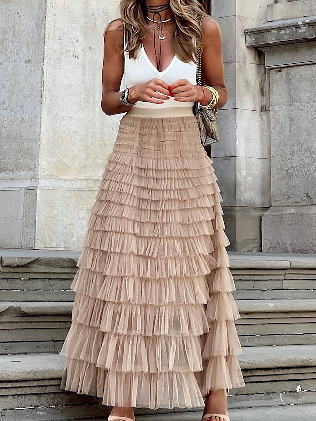  dam lång kjol maxi kjolar lapptäcke enfärgad semesterfest vår, höst, vinter, sommar elegant mode svart rosa khaki