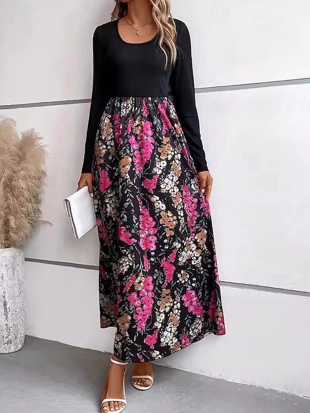 Women's Floral Crew Neck Maxi Dress Long Sleeve Spring Fall 5