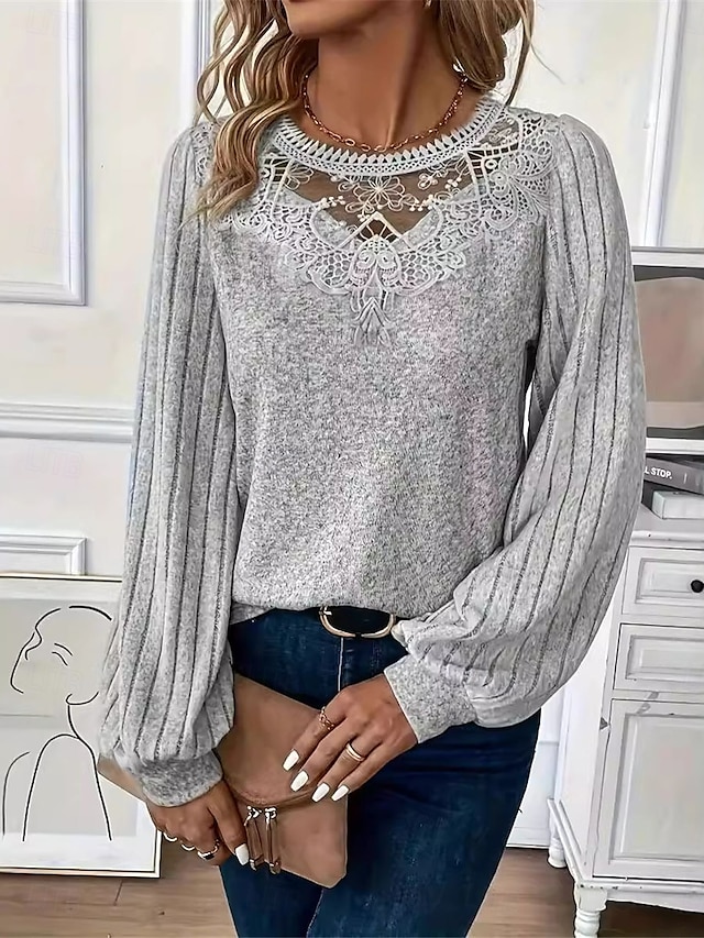  Blouses en dentelle élégante pour femmes blouses ajourées tops réguliers unis décontractés à manches longues col rond patchwork en dentelle ajustement régulier quotidiens romantiques petits tops pour
