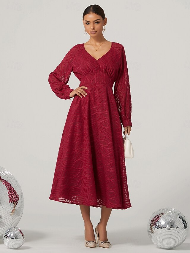 V Neck Elegant Burgundy A Line Lace Women Summer High Waist Vintage Midi Swing Dress