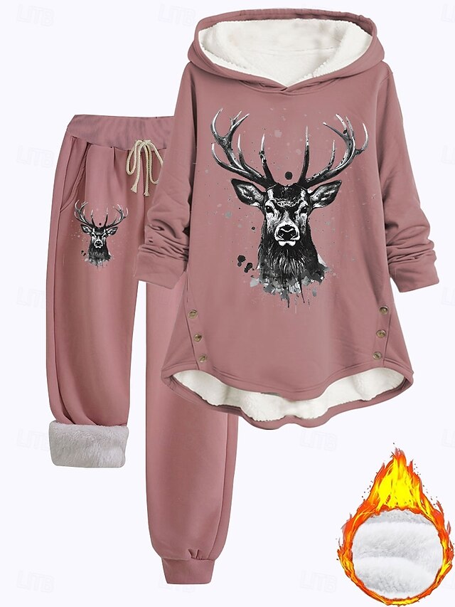  Sudadera de 2 piezas para mujer pantalones de forro polar de manga larga con capucha impresión de reno casual rosa oscuro azul gris otoño ajuste regular