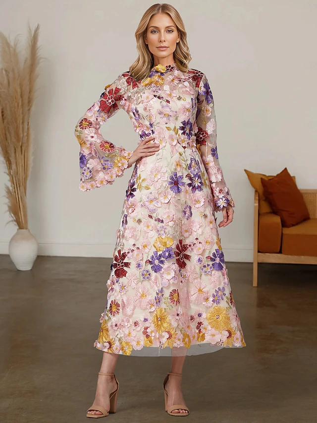 Beach Wedding A-Line Mother of the Bride Dress Formal Wedding Guest Elegant High Neck Ankle Length Tulle Long Sleeve with Embroidery Flower free custom size 6