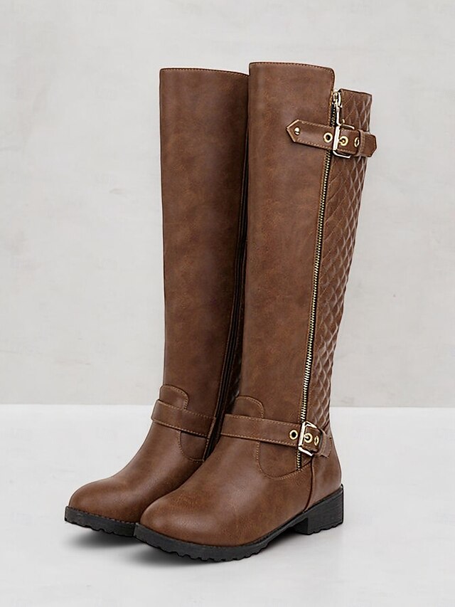 Women's Black Riding Knee-High Boots with Quilted Back and Gold Zipper – Stylish Equestrian-Inspired Winter Footwear 16