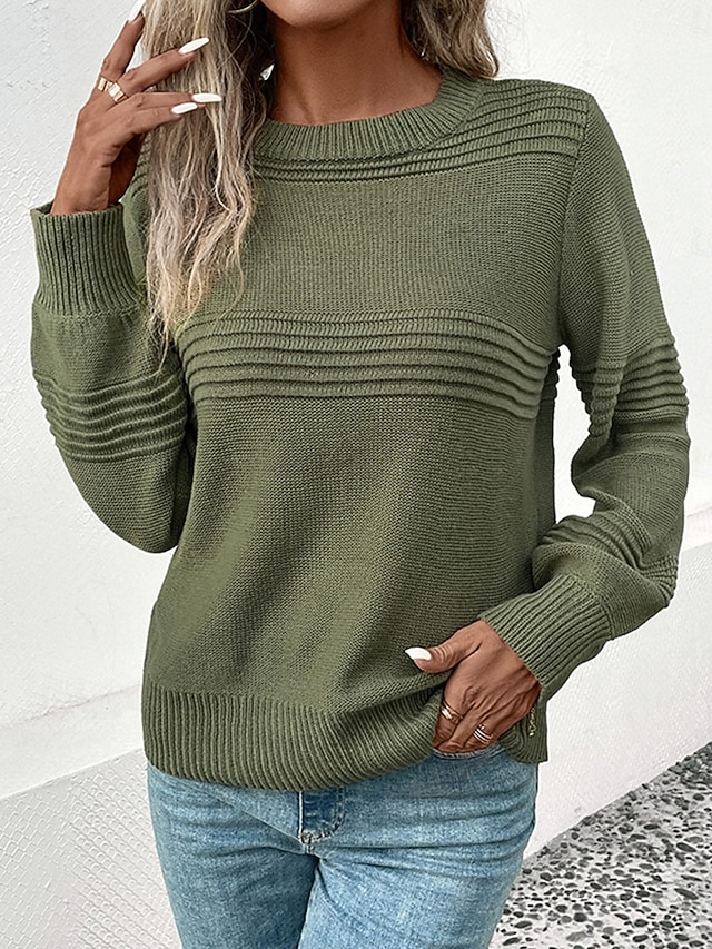Women's Sweater Casual Soft Pure Color Ribbed Crew Neck Knitted Long Sleeve Regular Tops Knit Outdoor Daily Weekend Army Green Coffee Fall Winter 13