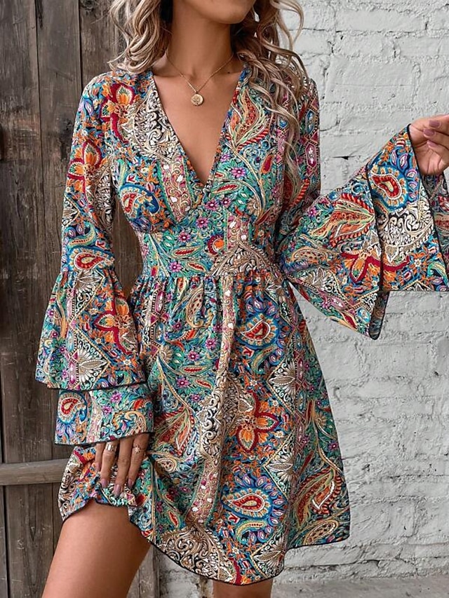  Femme Mini robe Robe casual Robe Évasée Robe Trapèze robe boheme Bohême Rétro Vintage Décontractées du quotidien Standard Floral Cachemire manche longue Col V Rouge Bleu Arc-en-ciel Eté Printemps