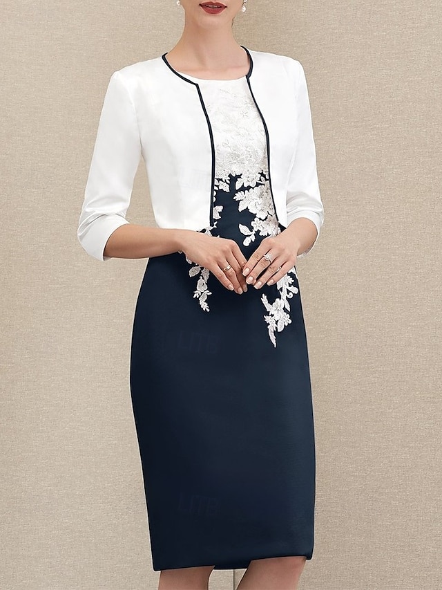 Två Delar Skjol  Kolumn Klänning Set Mor till Bruden Klänning Bröllop Gäst Juvel Krage Knälängd Chiffon Satin Spets 3/4 Längd Ärmar Jacka Klänningar med Applikationer Racedag Klänning