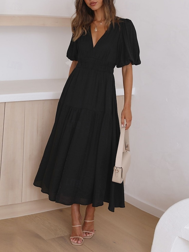  Women's Casual Dress Mini Dress Ruffle Casual V Neck Half Sleeve Black White Fuchsia Color