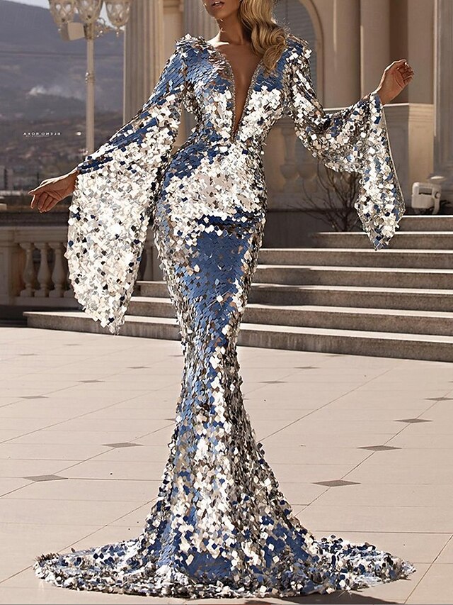 Mermaid / Trumpet Evening Gown Party Dress Wedding Wedding Guest Court Train Long Sleeve V Neck Sequined with Glitter4