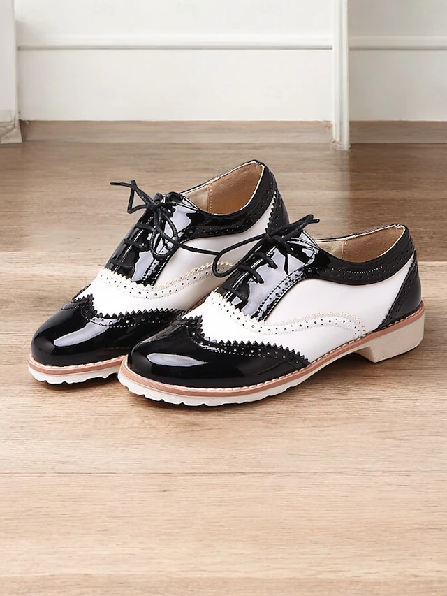 Women's Beige and White Oxford Brogue Shoes - Vintage Lace-Up Low Heel Casual Shoes for Everyday Wear 12