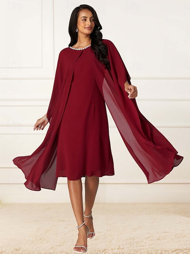  Mulheres Comprimento do chá Vestido de formatura Elegante Coquetel Normal Meia Manga Gola Redonda Vermelho Verão Primavera
