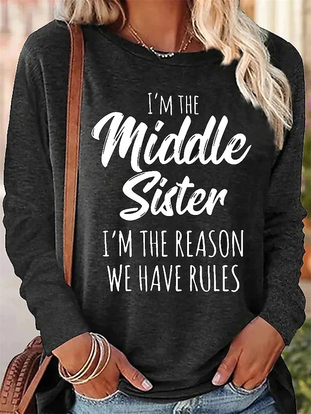 Women's T Shirt Letter Casual Long Sleeve Crew Neck Regular Tops Daily Print Pink Blue Green Gray Spring Fall 7