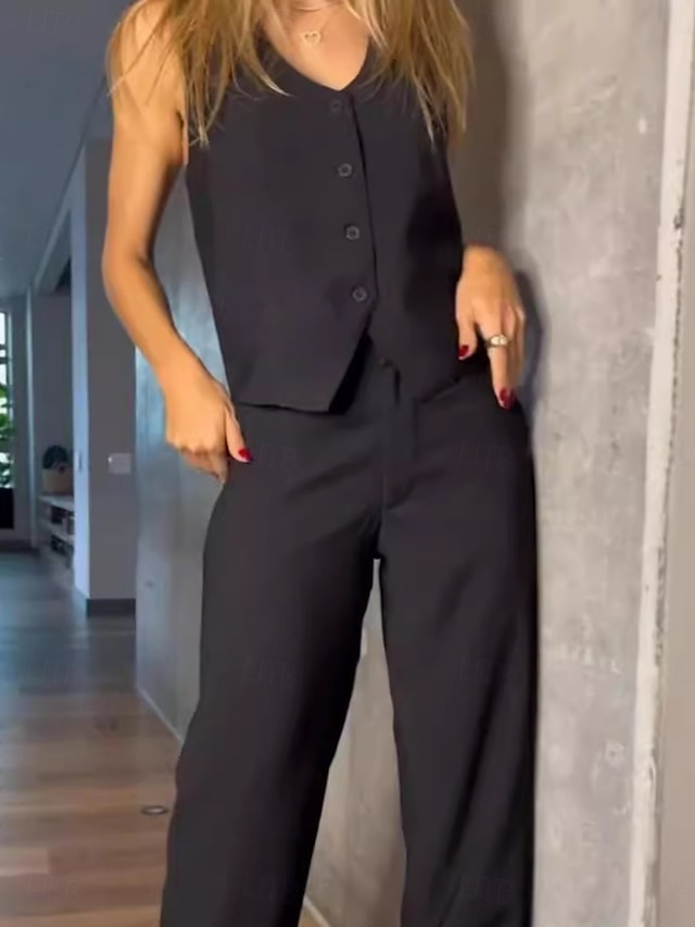 Women's Set Suit Vest Work Buttons Solid Color Breathable OL Style Regular Fit Outerwear Sleeveless Summer Black S