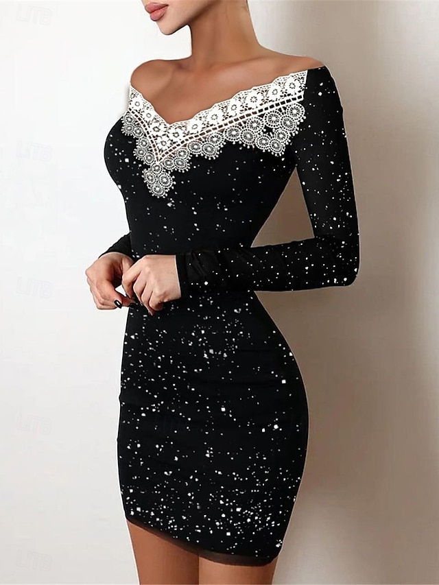  Damen schwarzes kleid Minikleid Spitze Patchwork Brautkleider schlicht Schulterfrei Langarm Schwarz Aprikose Farbe