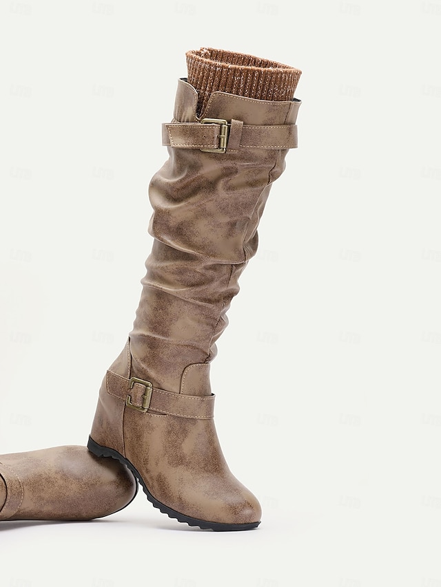  Women's Distressed Tan Slouchy Knee-High Boots with Buckle Straps and Wedge Heel – Cozy Winter Boots with Knit Cuff for Casual Outfits