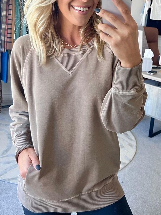 Women's Sweatshirt Casual Plain Street Dailywear Crew Neck Pocket Long Sleeve Red Khaki Gray Fall Winter4