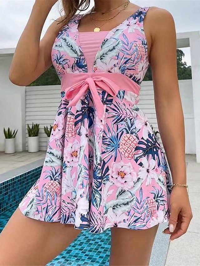  Dam Badkläder Tankini 2 st Kaxig Baddräkt Öppen rygg Magkontroll Hög midja Smal Semester Standkläder Blommig Halterneck Ärmlös Baddräkter